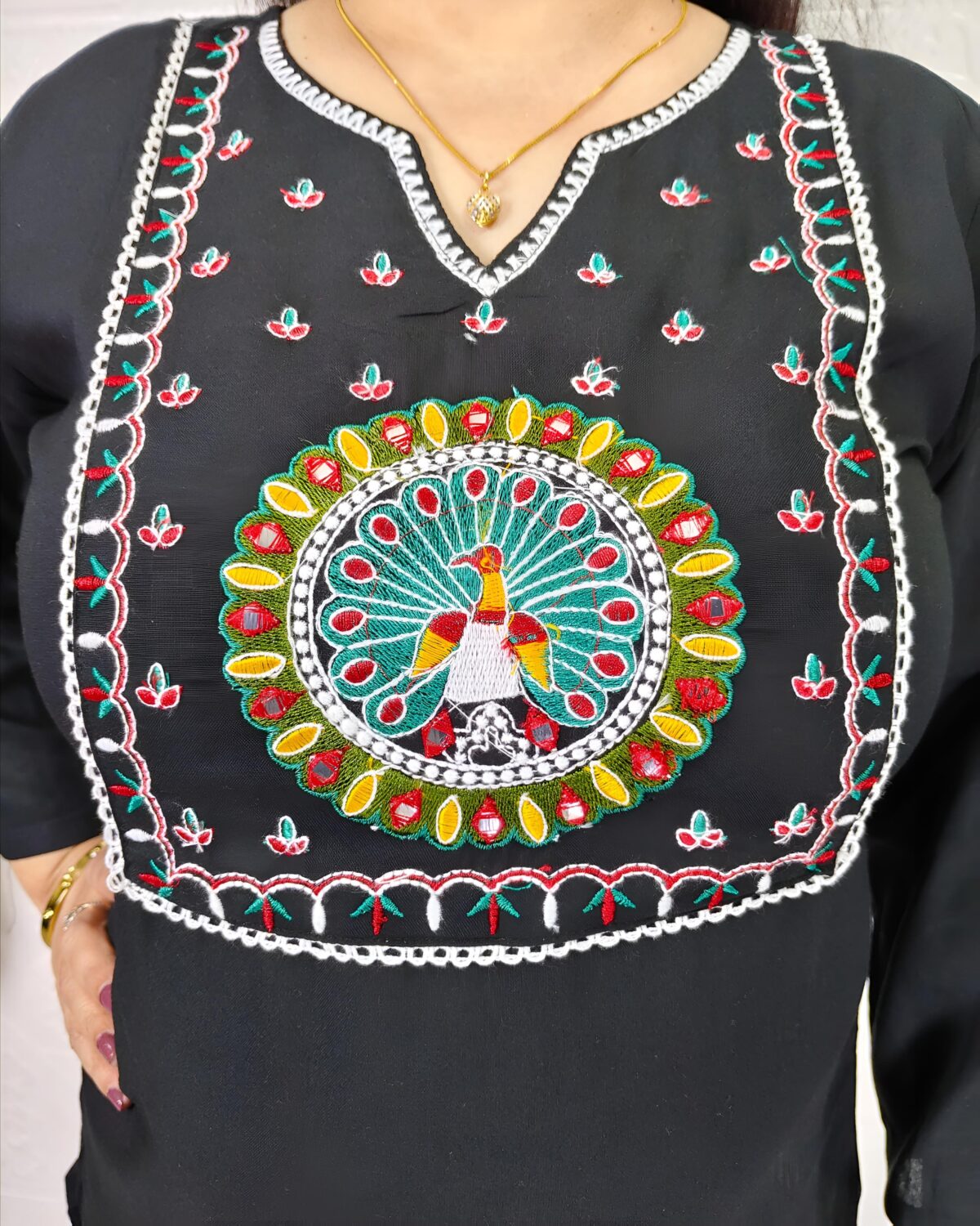 Black peacock embroidered rayon cotton kurti for women