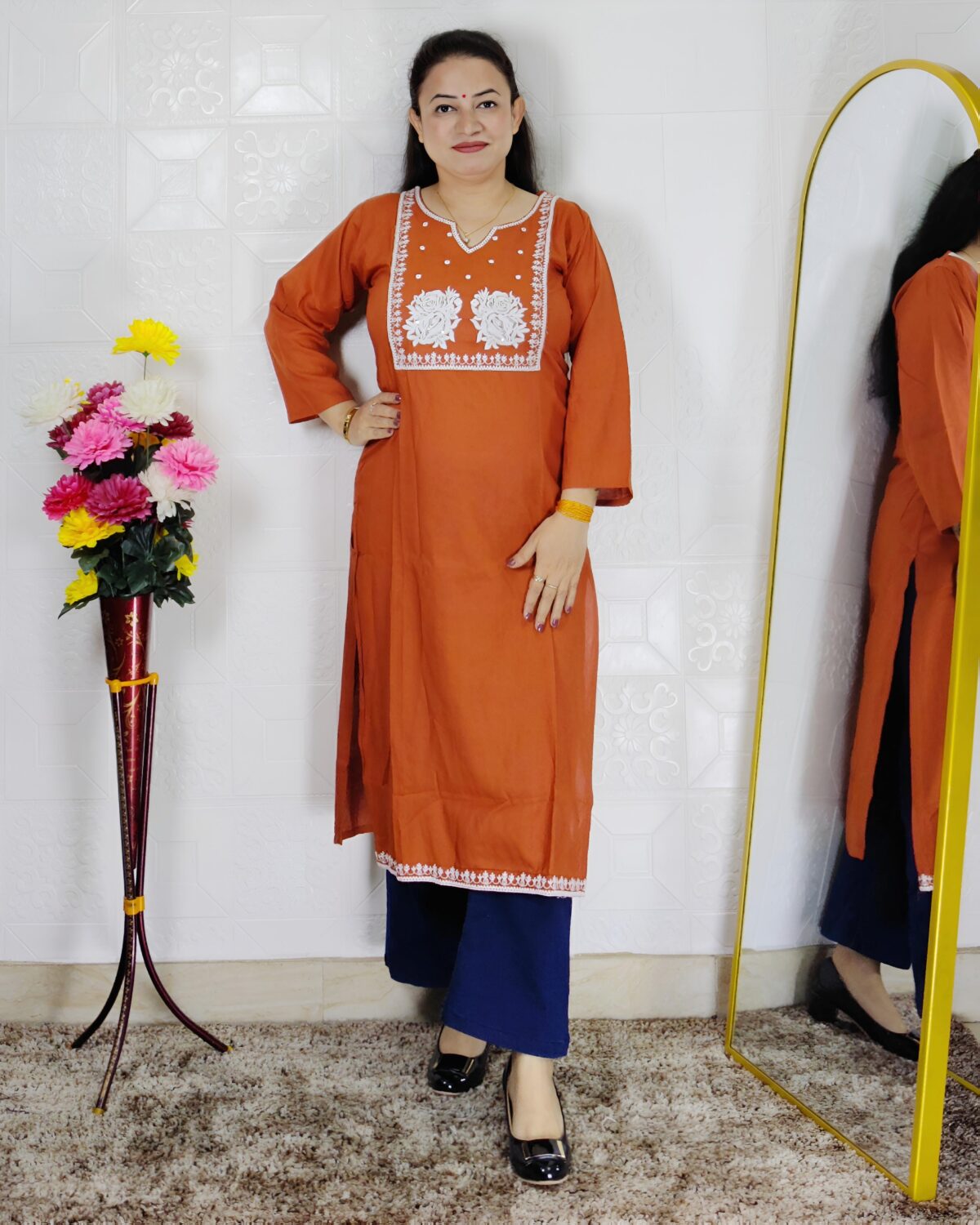 Rust embroidered rayon cotton kurti for women