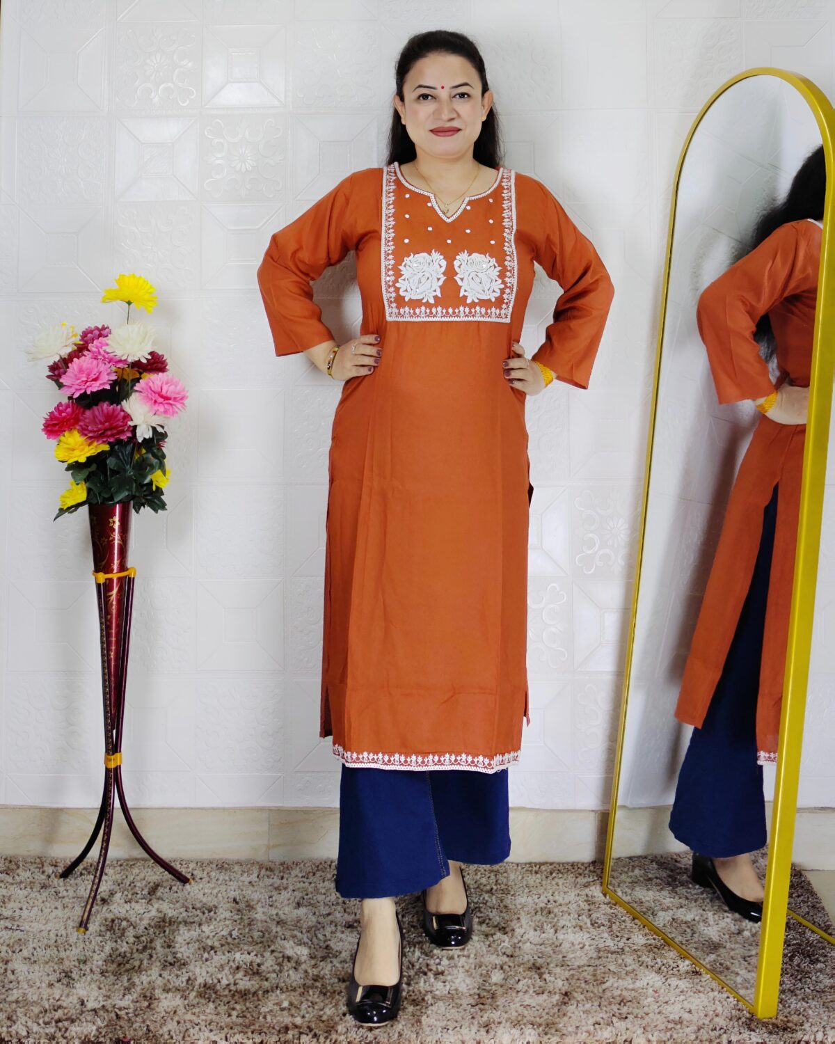 Rust embroidered rayon cotton kurti for women