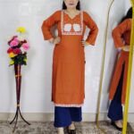 Rust embroidered rayon cotton kurti for women