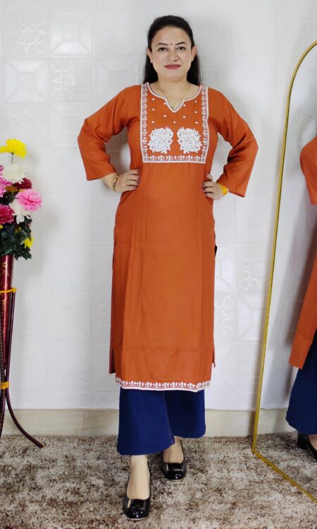 Rust embroidered rayon cotton kurti for women