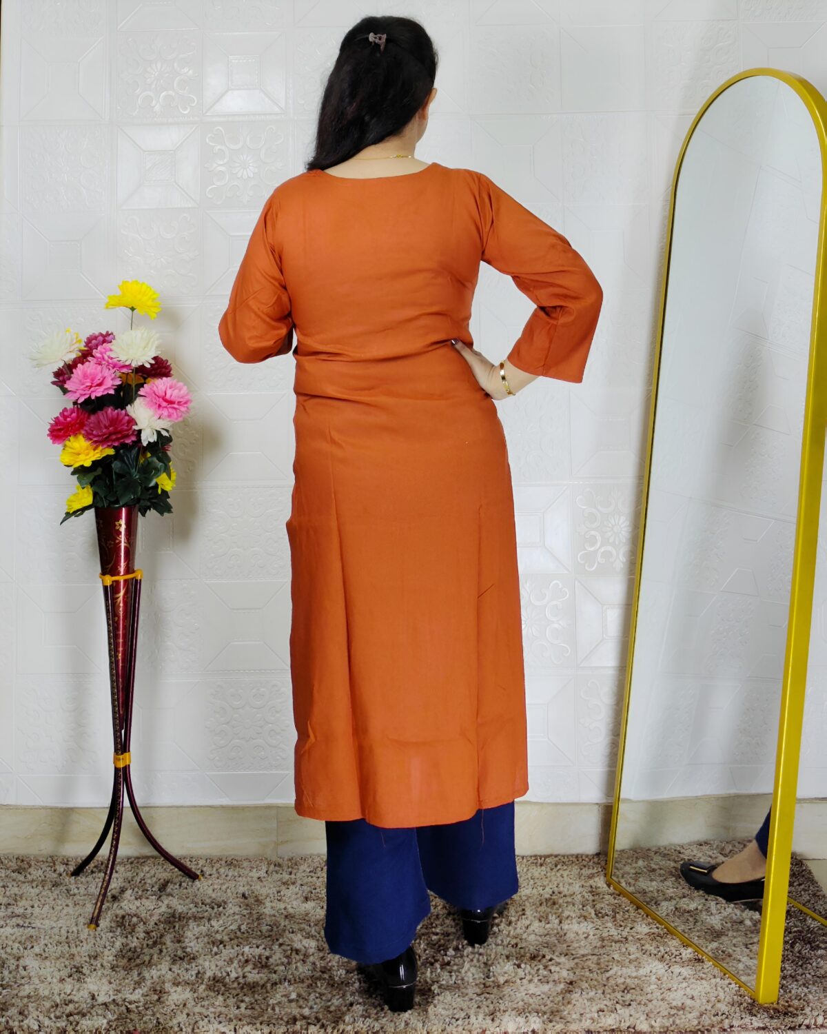 Rust embroidered rayon cotton kurti for women