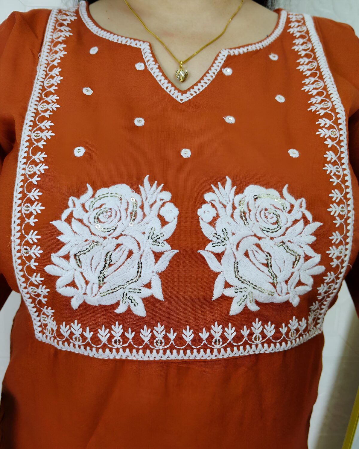 Rust embroidered rayon cotton kurti for women