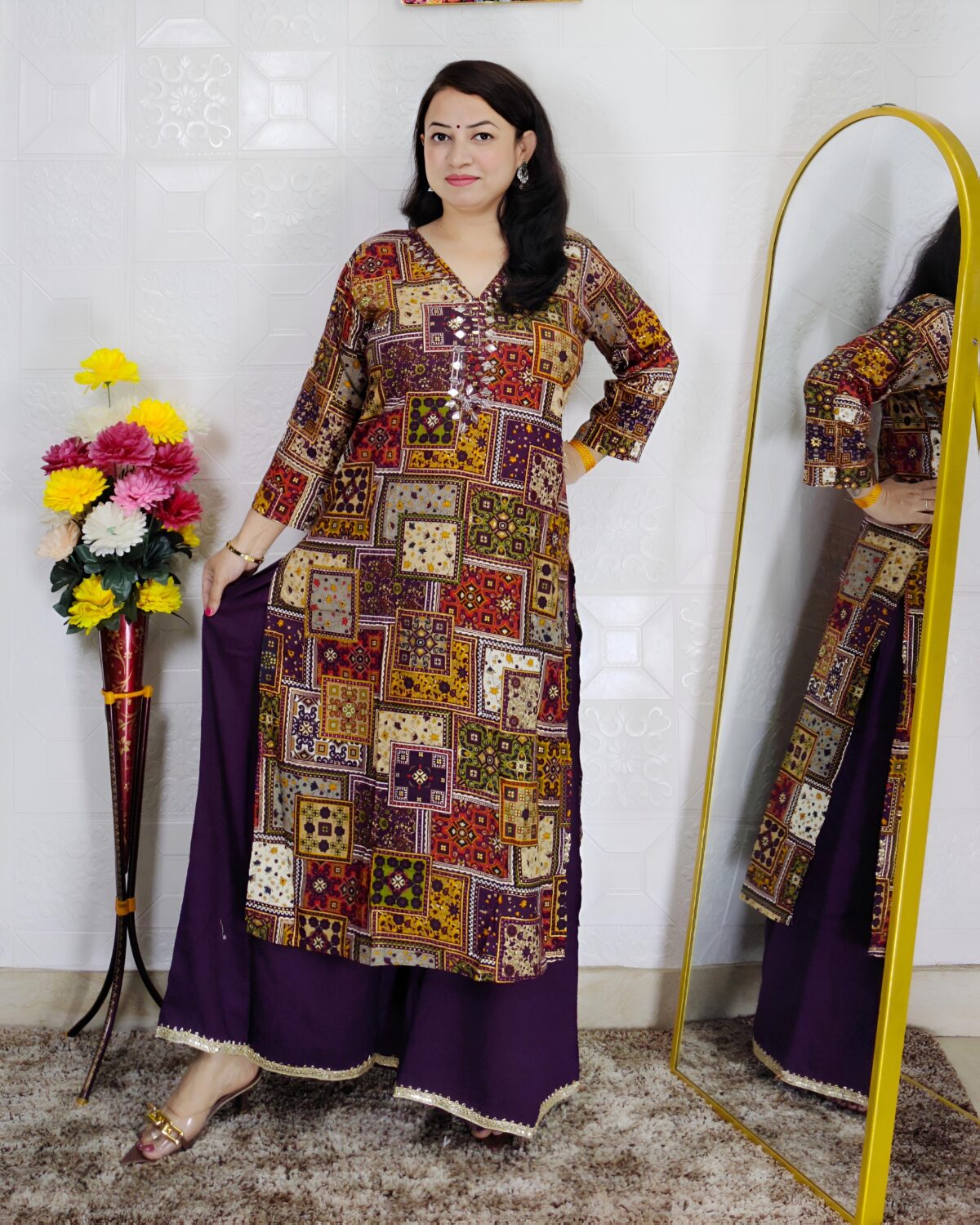 Wine patchwork printed rayon cotton 2 piece suit set for women with divider pants