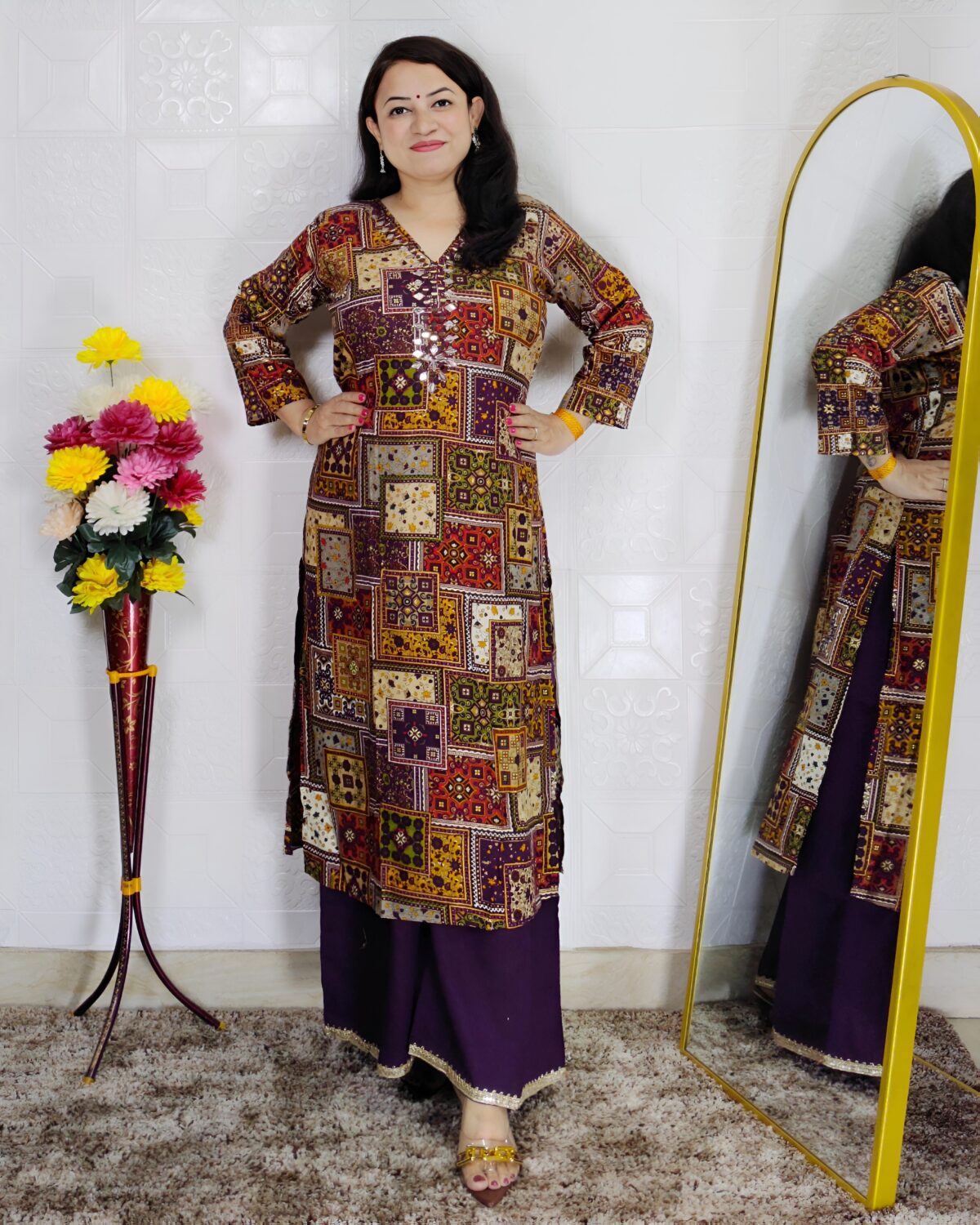 Wine patchwork printed rayon cotton 2 piece suit set for women with divider pants