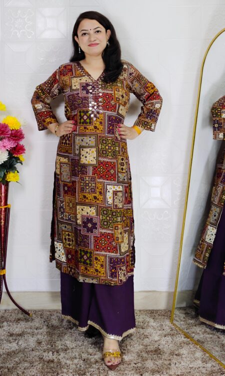 Wine patchwork printed rayon cotton 2 piece suit set for women with divider pants