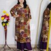 Wine patchwork printed rayon cotton 2 piece suit set for women with divider pants