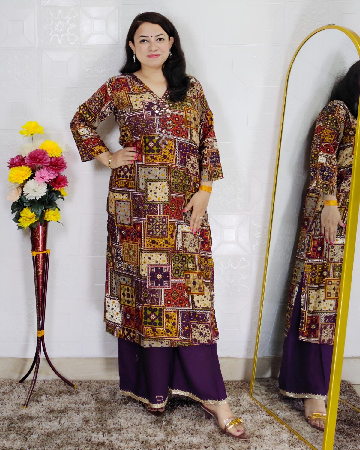 Wine patchwork printed rayon cotton 2 piece suit set for women with divider pants