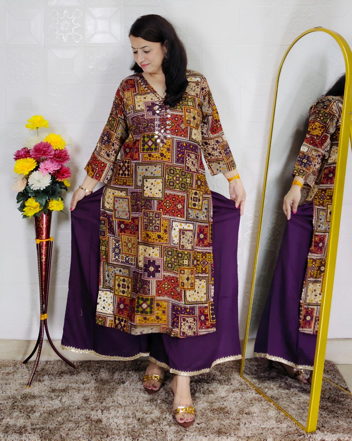 Wine patchwork printed rayon cotton 2 piece suit set for women with divider pants