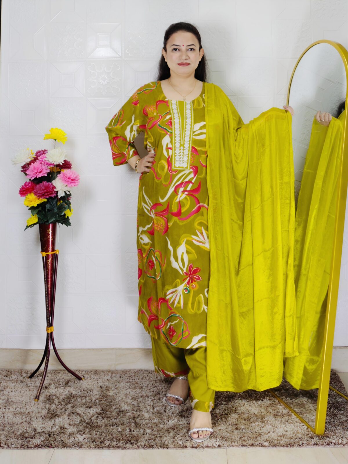 Women floral printed rayon cotton suit set with matching dupatta