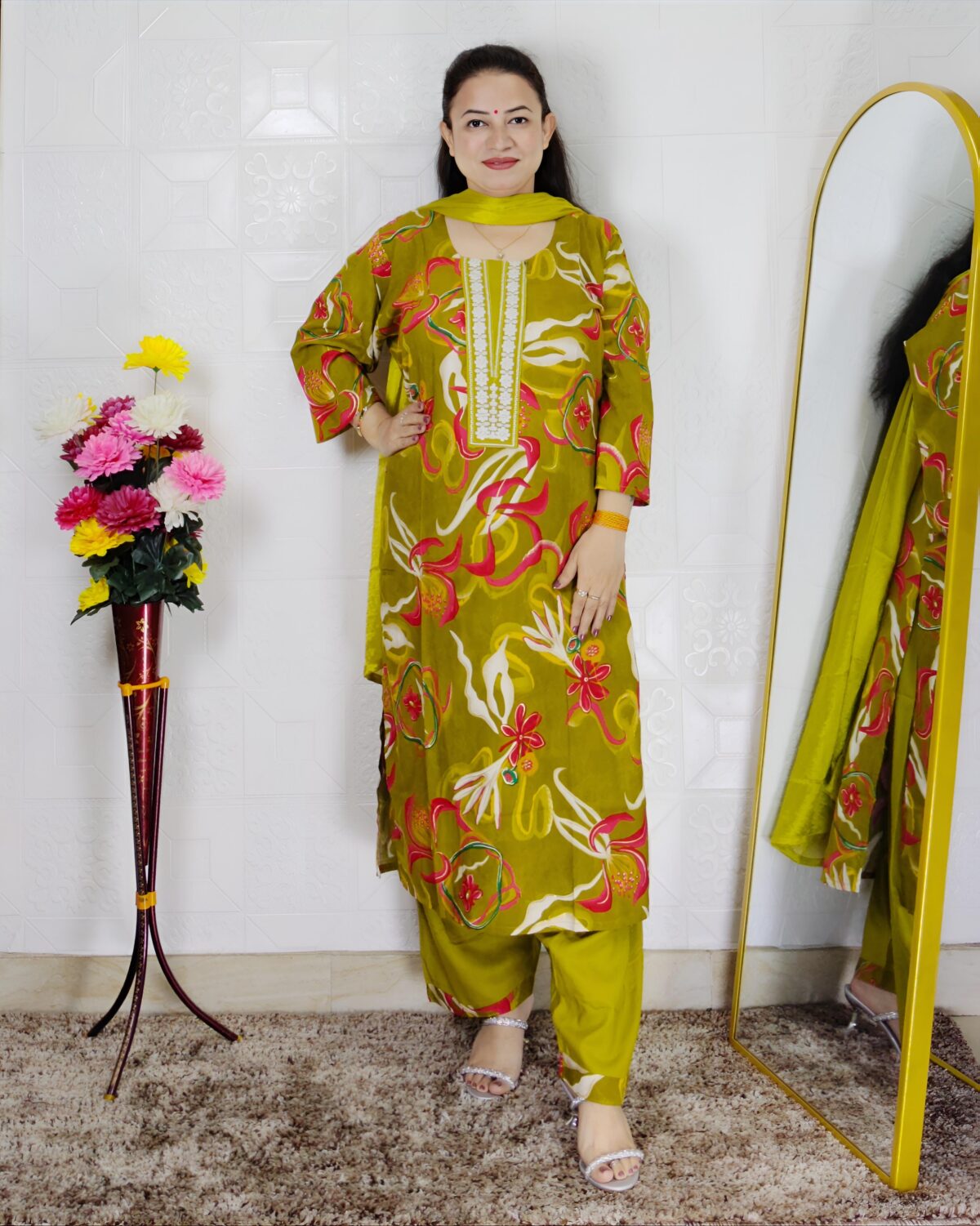 Women floral printed rayon cotton suit set with matching dupatta