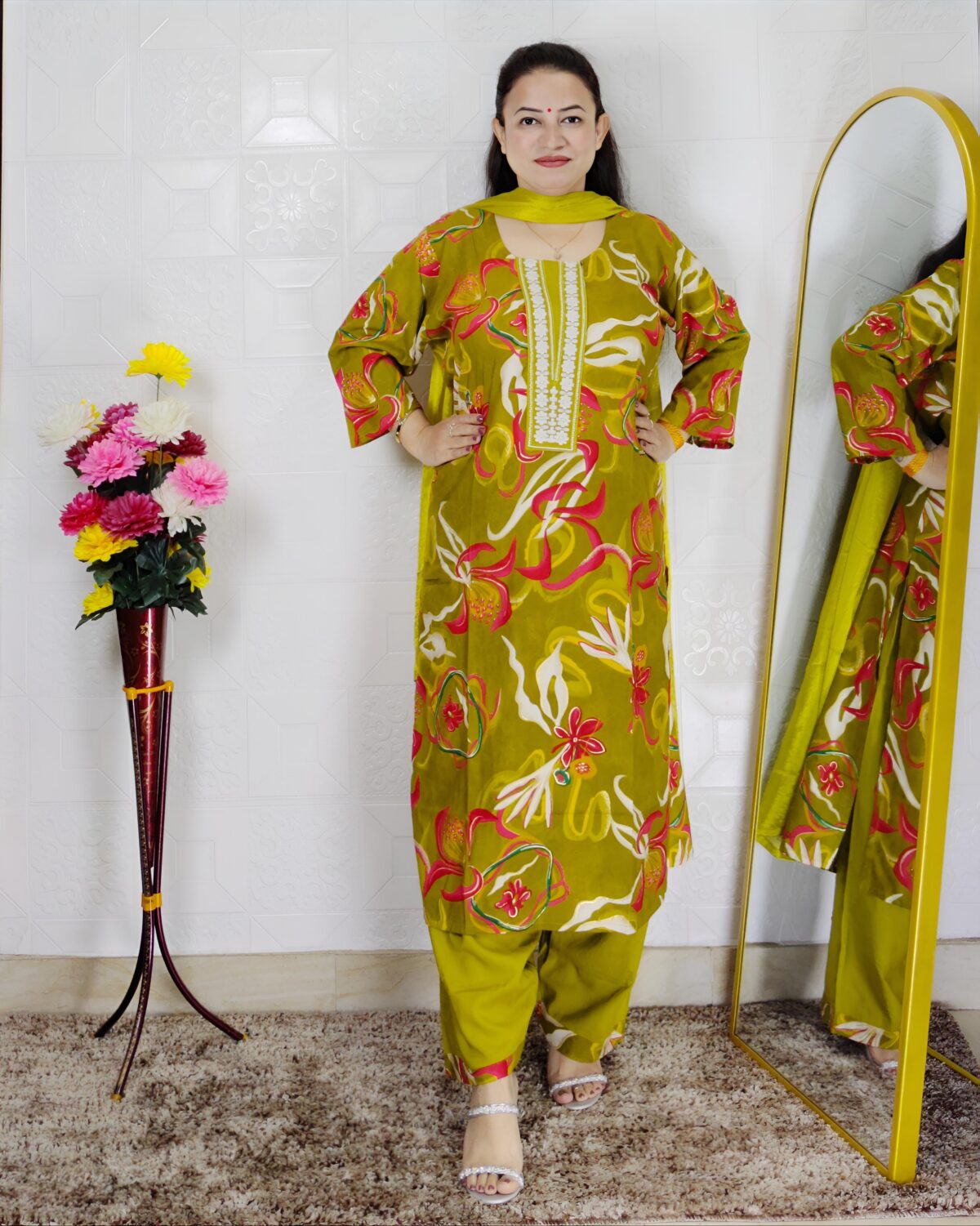 Women floral printed rayon cotton suit set with matching dupatta