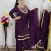 Women wine color glass roman fabric 3 piece ethnic suit set