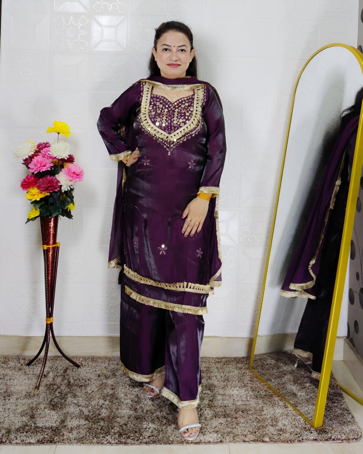 Women wine color glass roman fabric 3 piece ethnic suit set