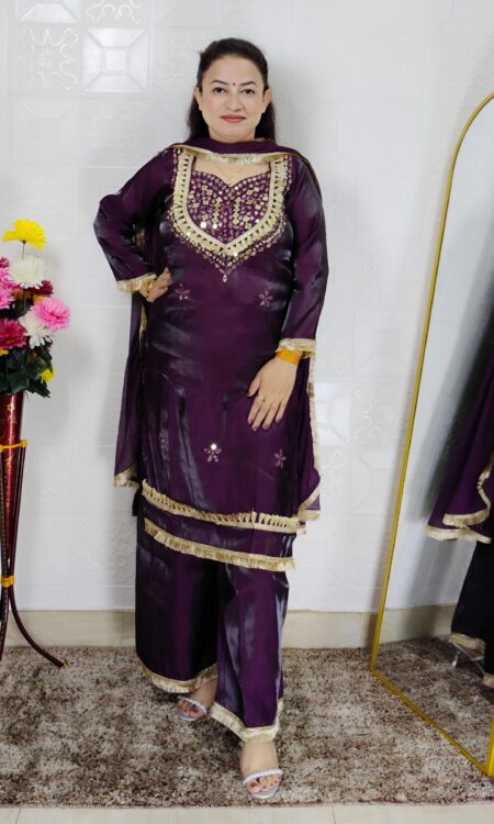 Women wine color glass roman fabric 3 piece ethnic suit set