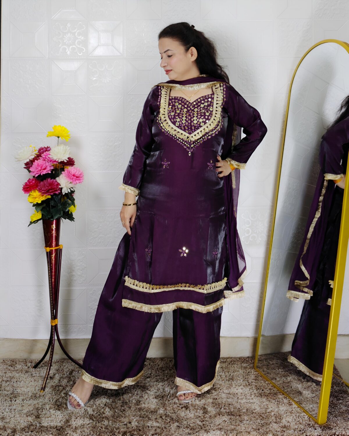 Women wine color glass roman fabric 3 piece ethnic suit set