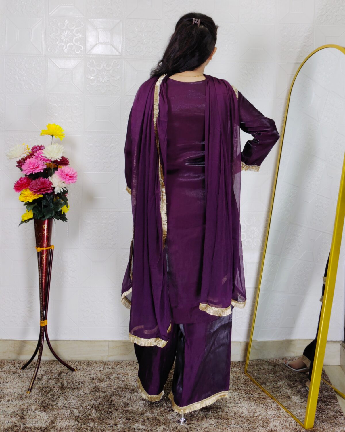 Women wine color glass roman fabric 3 piece ethnic suit set