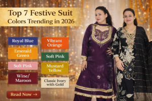 Women wearing royal blue and orange festive salwar suits – trending ethnic colors 2026