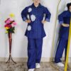 Women denim coord set with straight pant and floral applique shirt