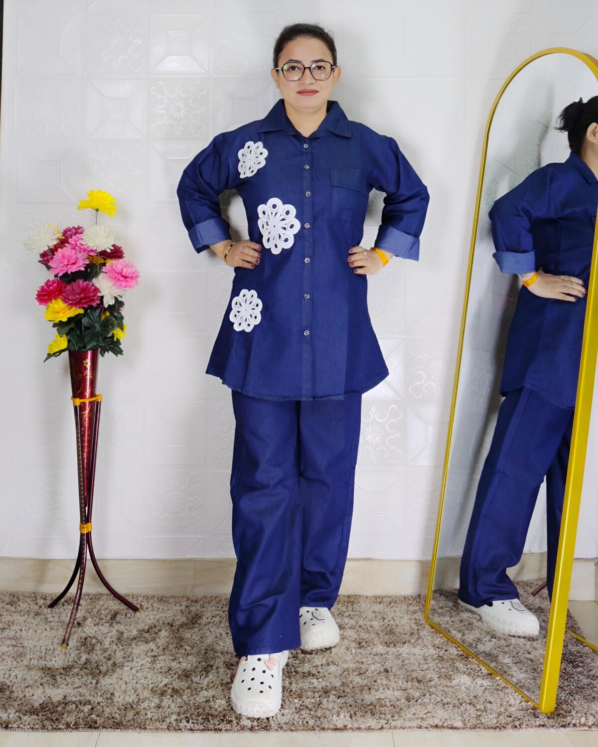 Women denim coord set with straight pant and floral applique shirt