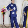 Women denim coord set with straight pant and floral applique shirt