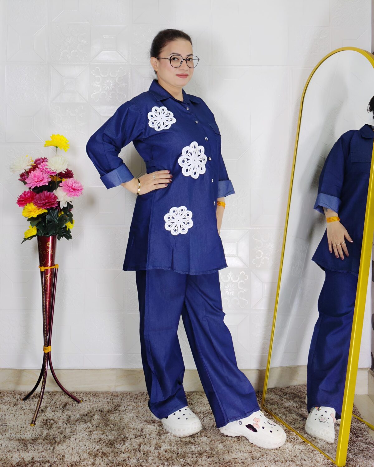 Women denim coord set with straight pant and floral applique shirt