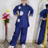 Women denim coord set with straight pant and floral applique shirt
