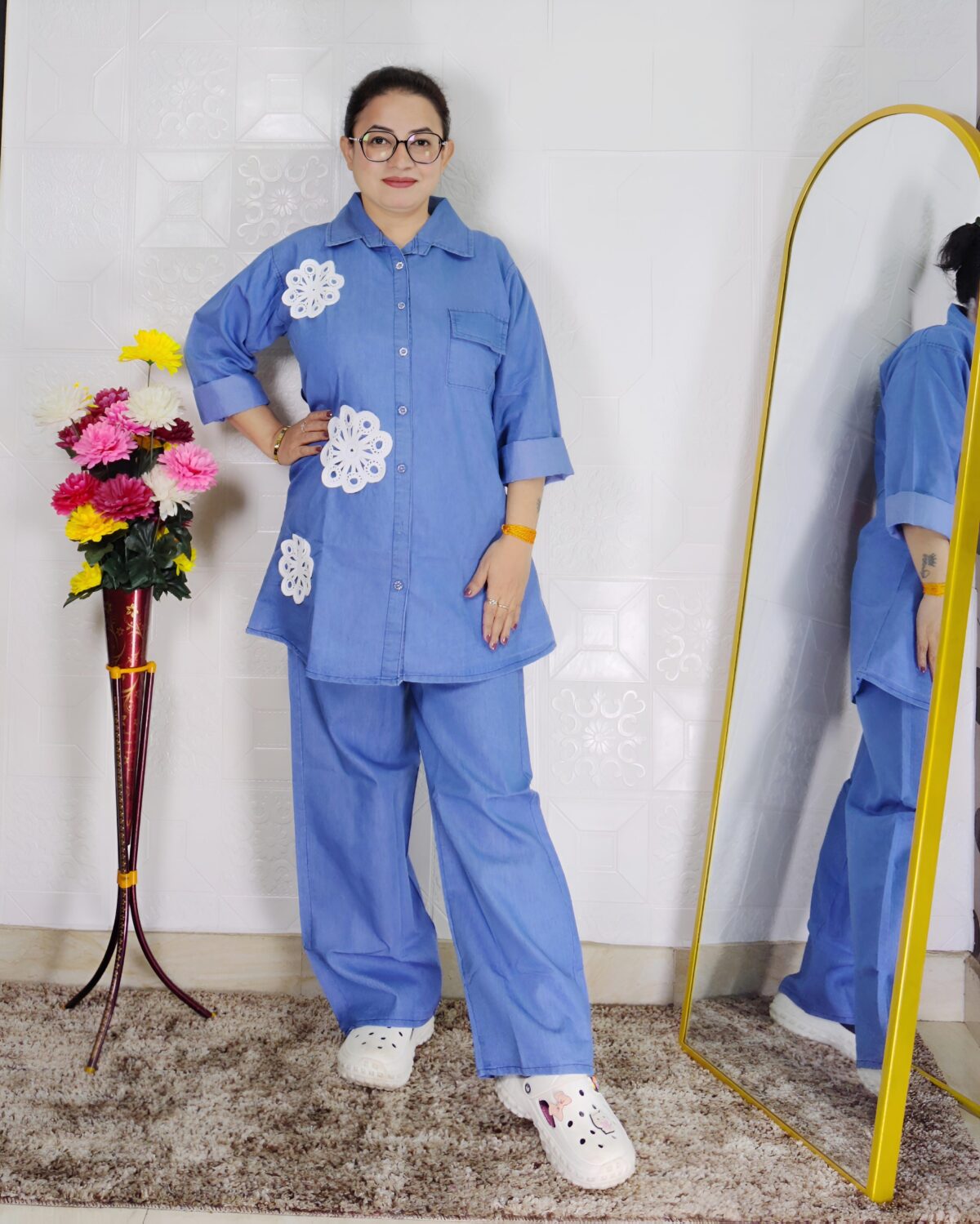 Women denim coord set with straight pant and floral applique shirt