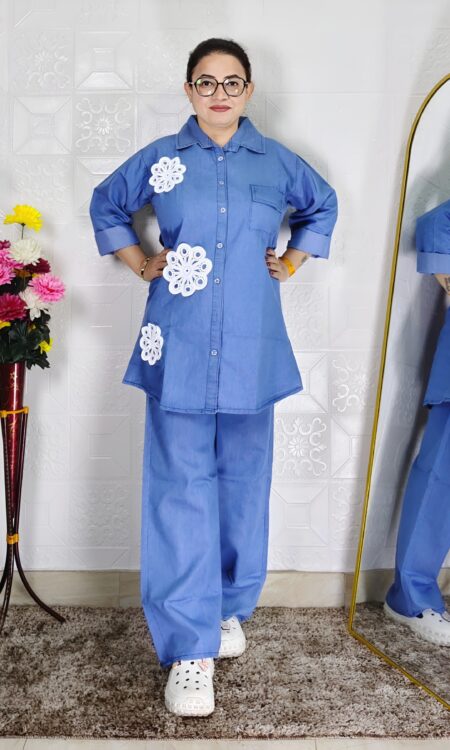 Women denim coord set with straight pant and floral applique shirt