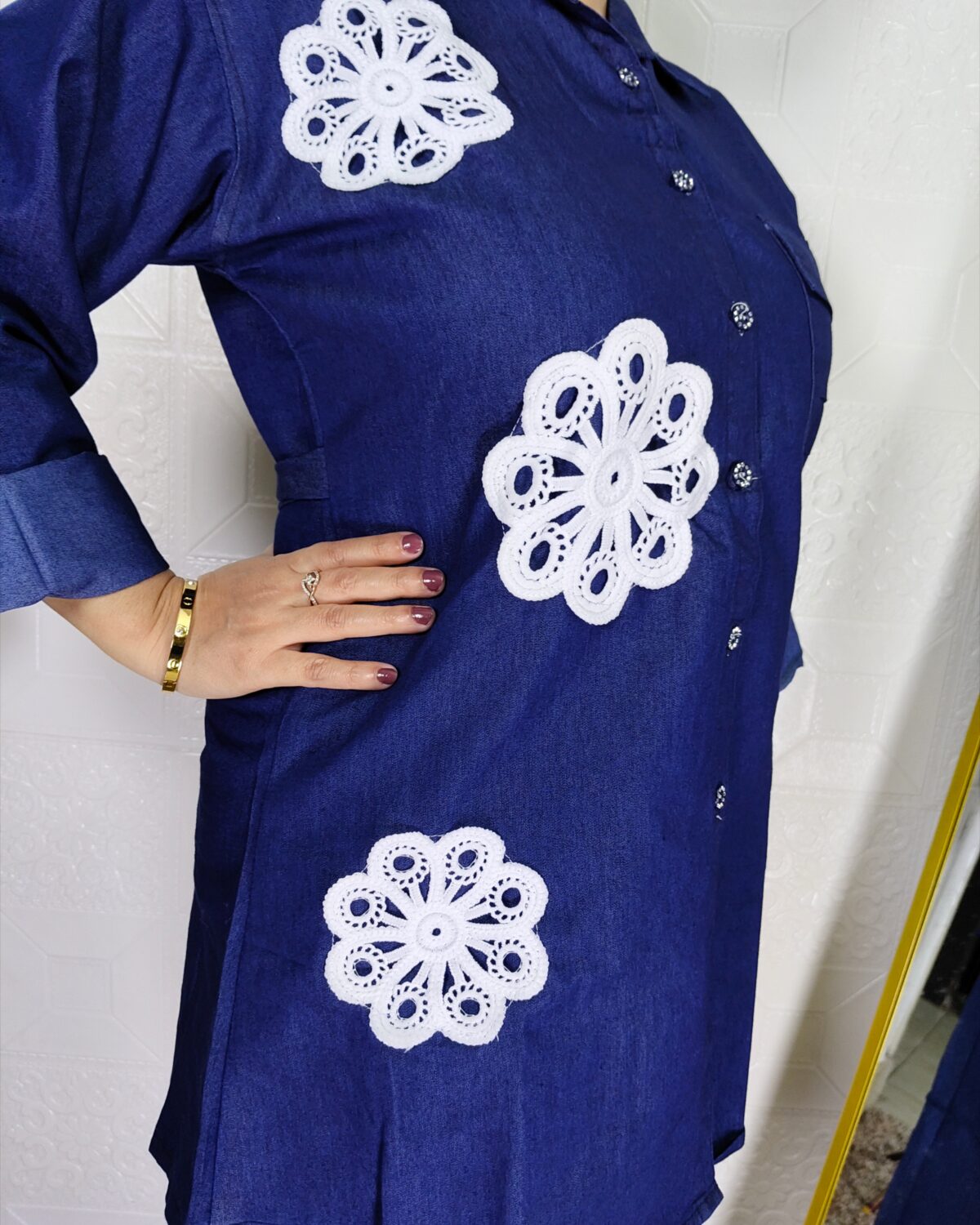Women denim coord set with straight pant and floral applique shirt