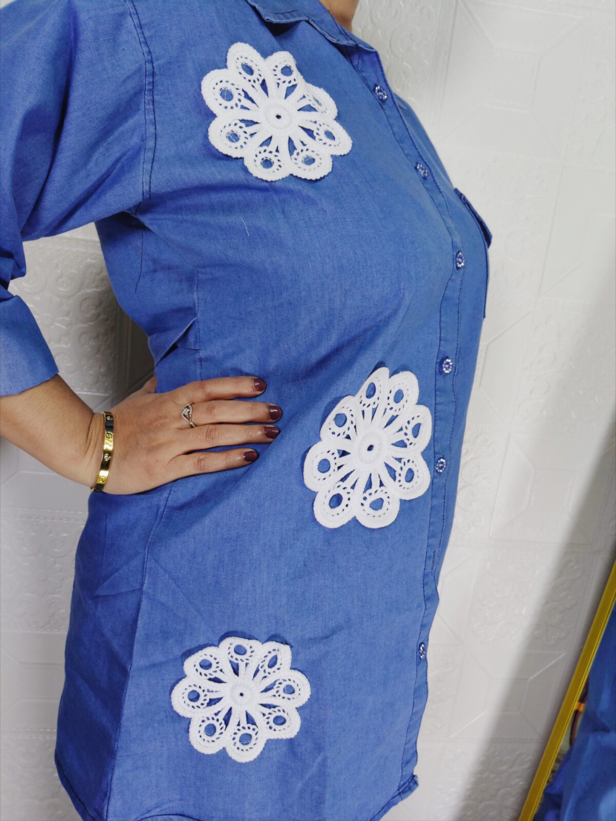 Women denim coord set with straight pant and floral applique shirt