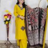 Dabu printed cotton 3 piece suit set for women in yellow and orange colors