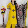 Dabu printed cotton 3 piece suit set for women in yellow and orange colors