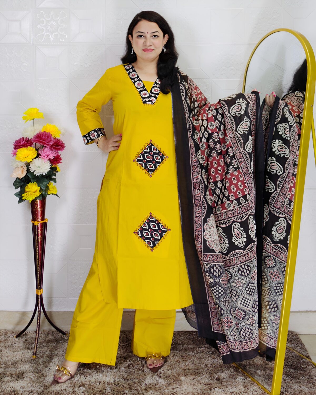 Dabu printed cotton 3 piece suit set for women in yellow and orange colors