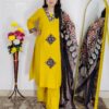 Dabu printed cotton 3 piece suit set for women in yellow and orange colors