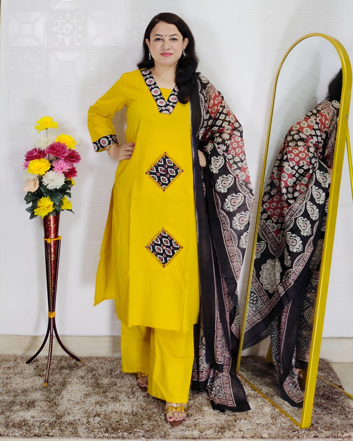 Dabu printed cotton 3 piece suit set for women in yellow and orange colors