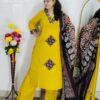 Dabu printed cotton 3 piece suit set for women in yellow and orange colors
