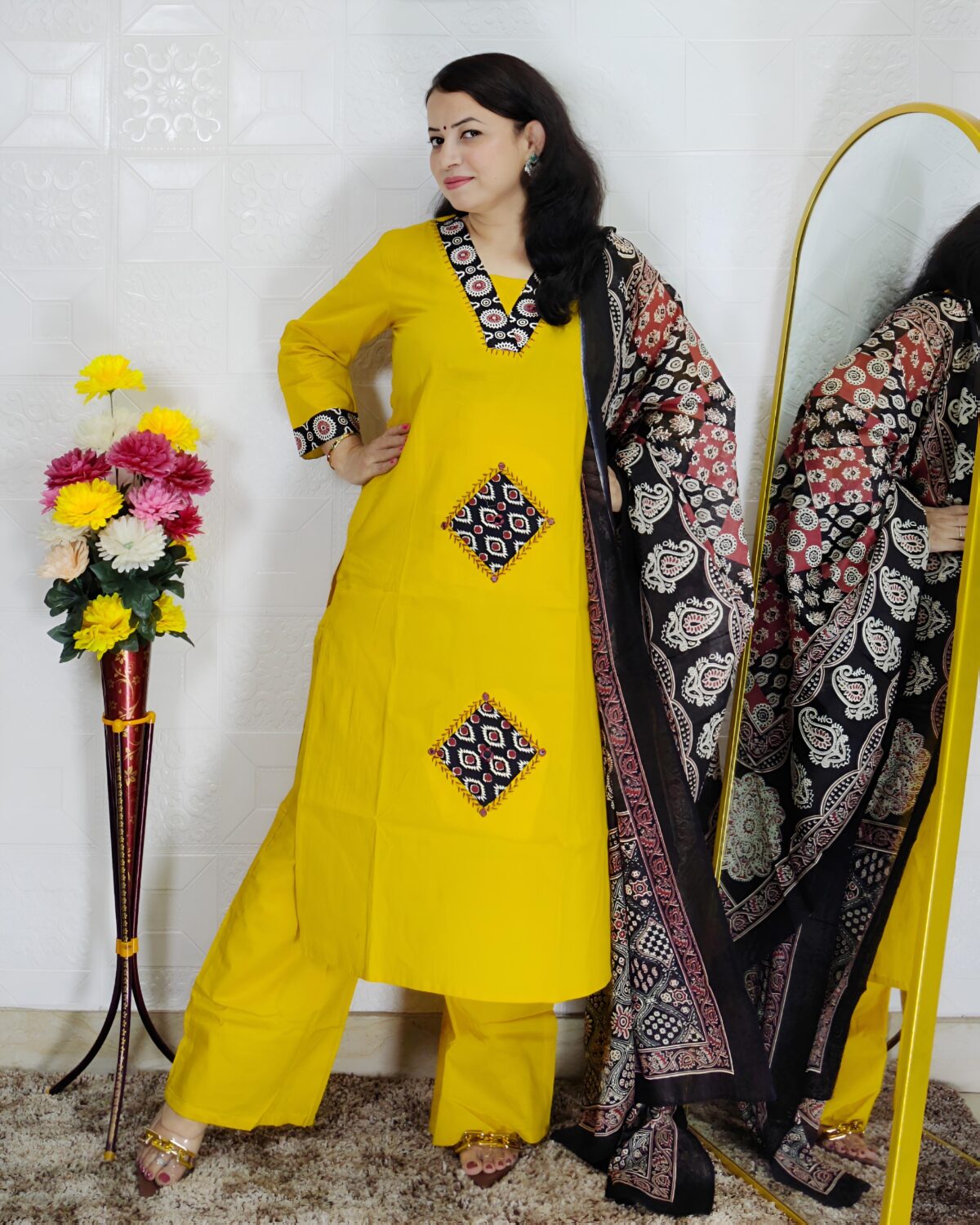 Dabu printed cotton 3 piece suit set for women in yellow and orange colors