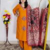 Dabu printed cotton 3 piece suit set for women in yellow and orange colors