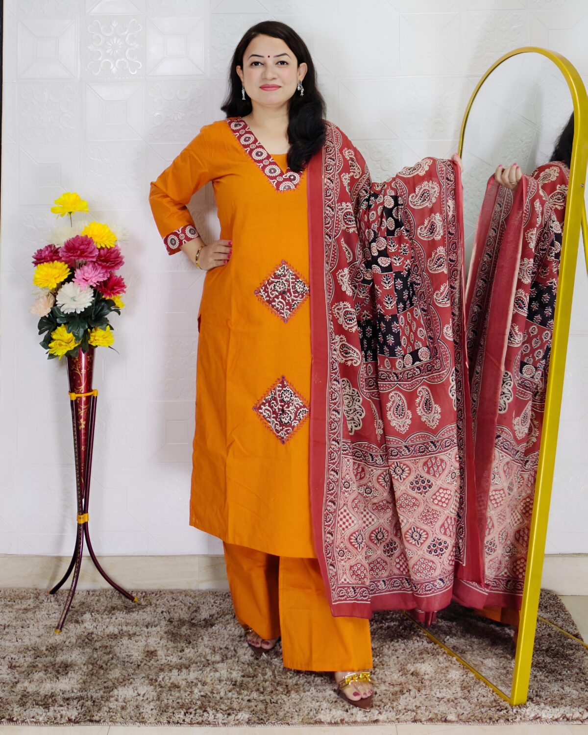 Dabu printed cotton 3 piece suit set for women in yellow and orange colors