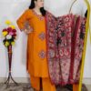Dabu printed cotton 3 piece suit set for women in yellow and orange colors