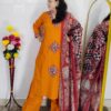 Dabu printed cotton 3 piece suit set for women in yellow and orange colors