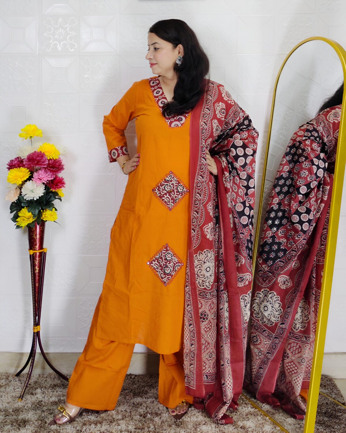 Dabu printed cotton 3 piece suit set for women in yellow and orange colors