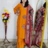 Dabu printed cotton 3 piece suit set for women in yellow and orange colors
