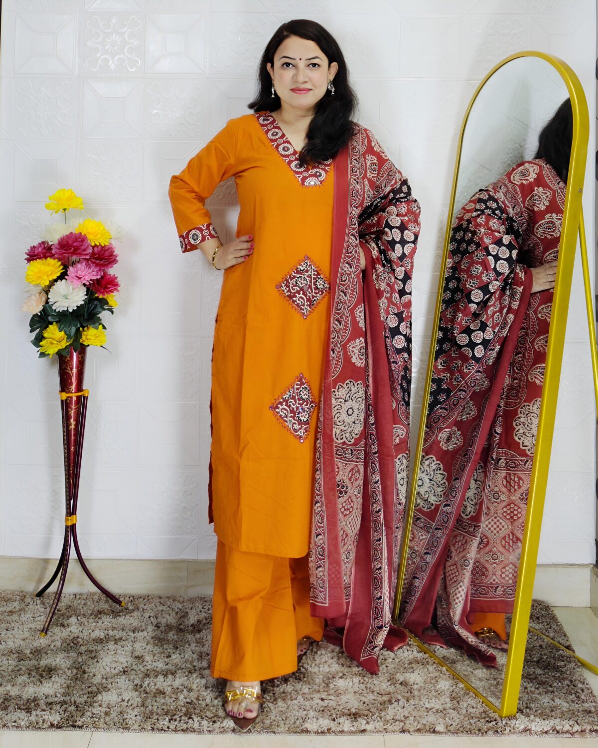 Dabu printed cotton 3 piece suit set for women in yellow and orange colors