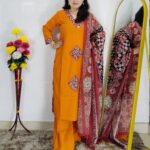Dabu Printed 3 Piece Suit (Yellow & Orange) – Casual & Festive Wear – Dabu Cotton Fabric – Women