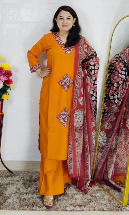Dabu printed cotton 3 piece suit set for women in yellow and orange colors
