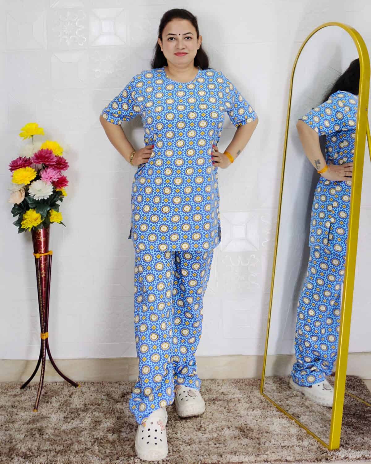Women printed night suit set in premium hosiery cotton with cute pattern design