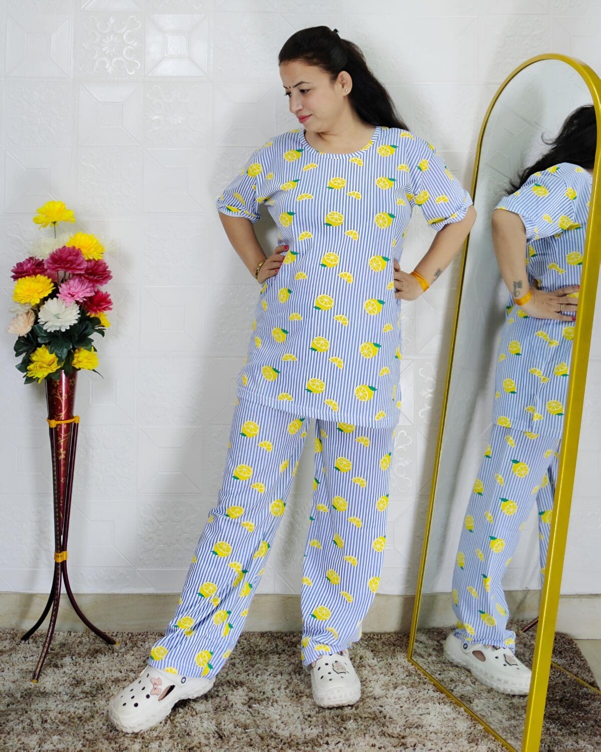 Women printed night suit set in premium hosiery cotton with cute pattern design