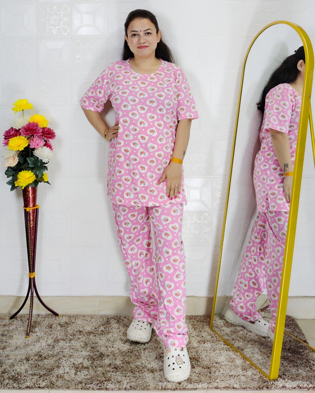 Women printed night suit set in premium hosiery cotton with cute pattern design